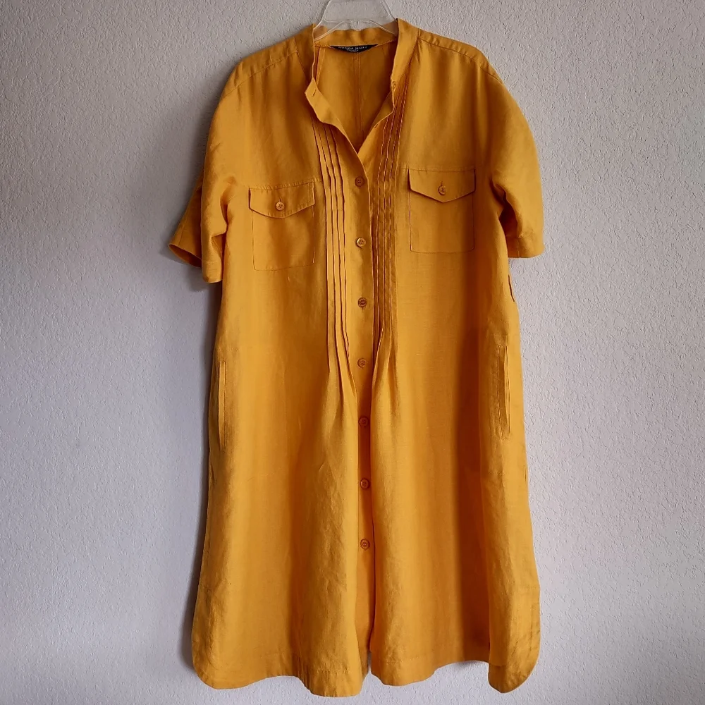 ‼️SOLD‼️ MARINA RINALDI Size US 12 Top 100% Linen Mango-Yellow Shirt Dress - Picture 2 of 16
